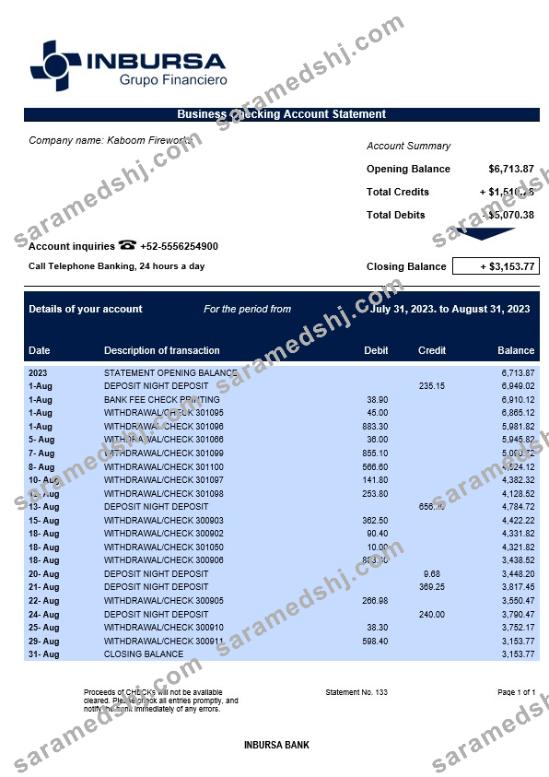 Inbursa Bank company checking account statement Word and PDF template